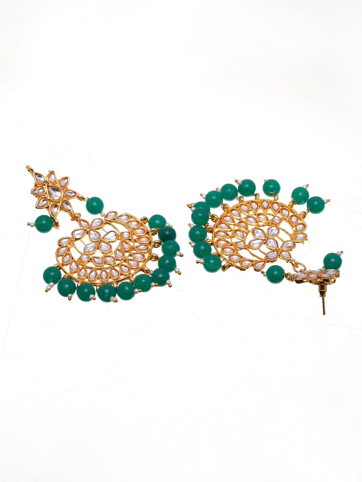 Gold-Plated Green & White Kundan-Studded Beaded Handcrafted Jewellery Set