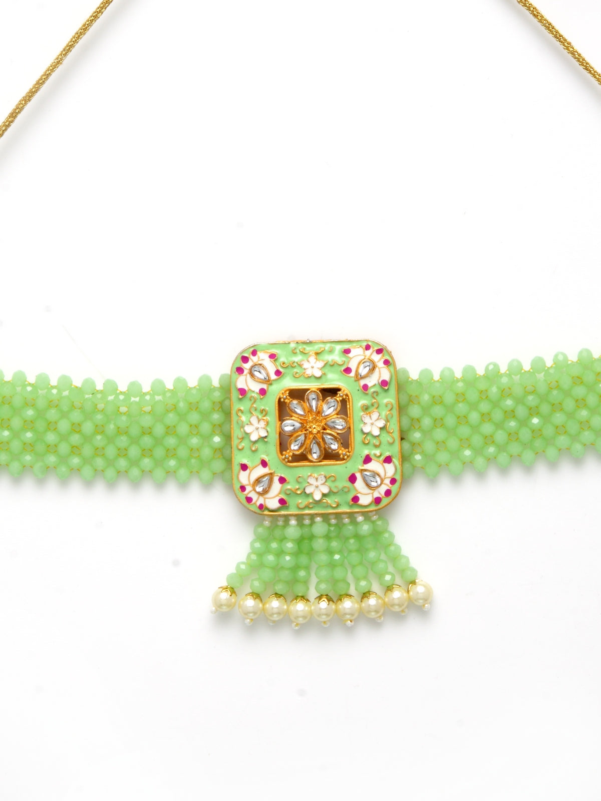 Gold-Plated Green & White Kundan Studded & Beaded Meenakari Jewellery Set