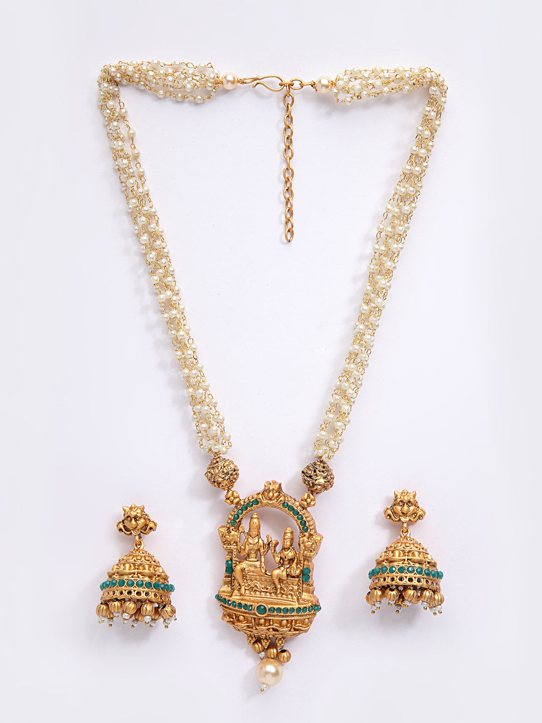Women Gold-Plated Green & White Stone Studded Mala Temple Jewellery Set
