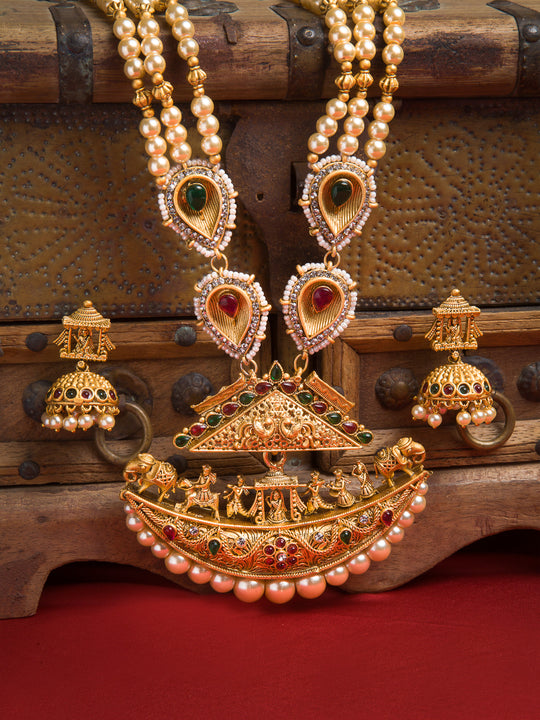 PANASH Gold-Plated Pink White Stone-Studded Beaded Handcrafted Jewellery Set