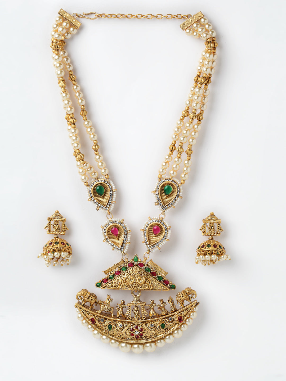 PANASH Gold-Plated Pink White Stone-Studded Beaded Handcrafted Jewellery Set