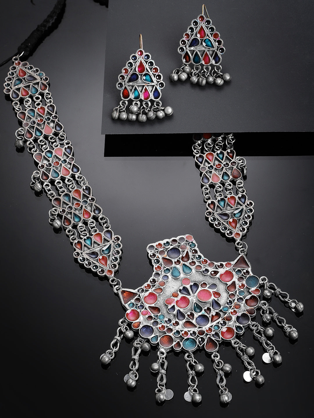 Silver-Plated Enameled Oxidised Jewellery Set