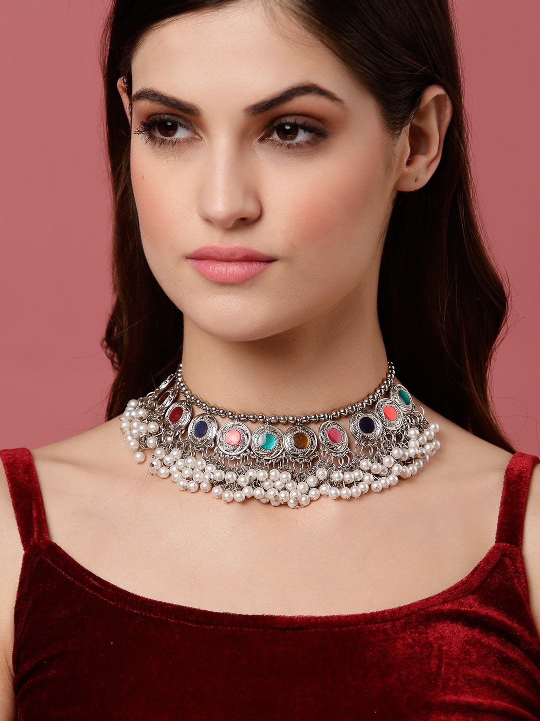 Silver-Toned & Yellow German Silver Silver-Plated Choker Necklace