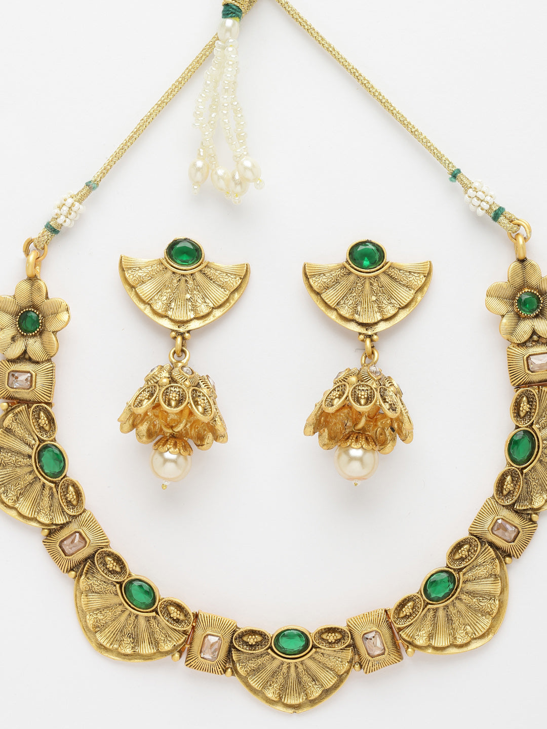 Gold-Plated & Green Stone-Studded Jewellery Set