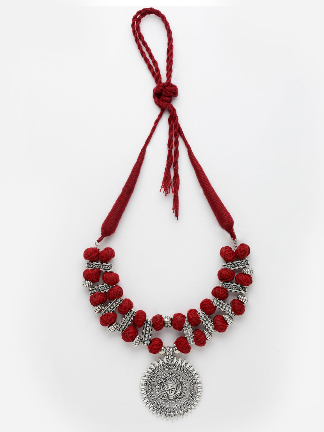Silver-Toned & Maroon German Silver Oxidised Necklace