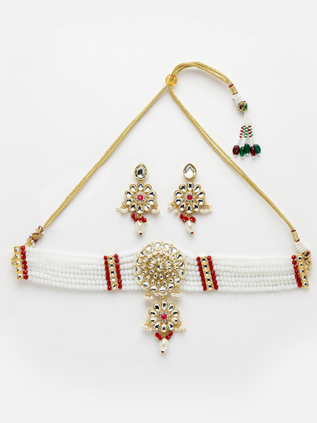 White & Red Gold-Plated Kundan Jewellery Set