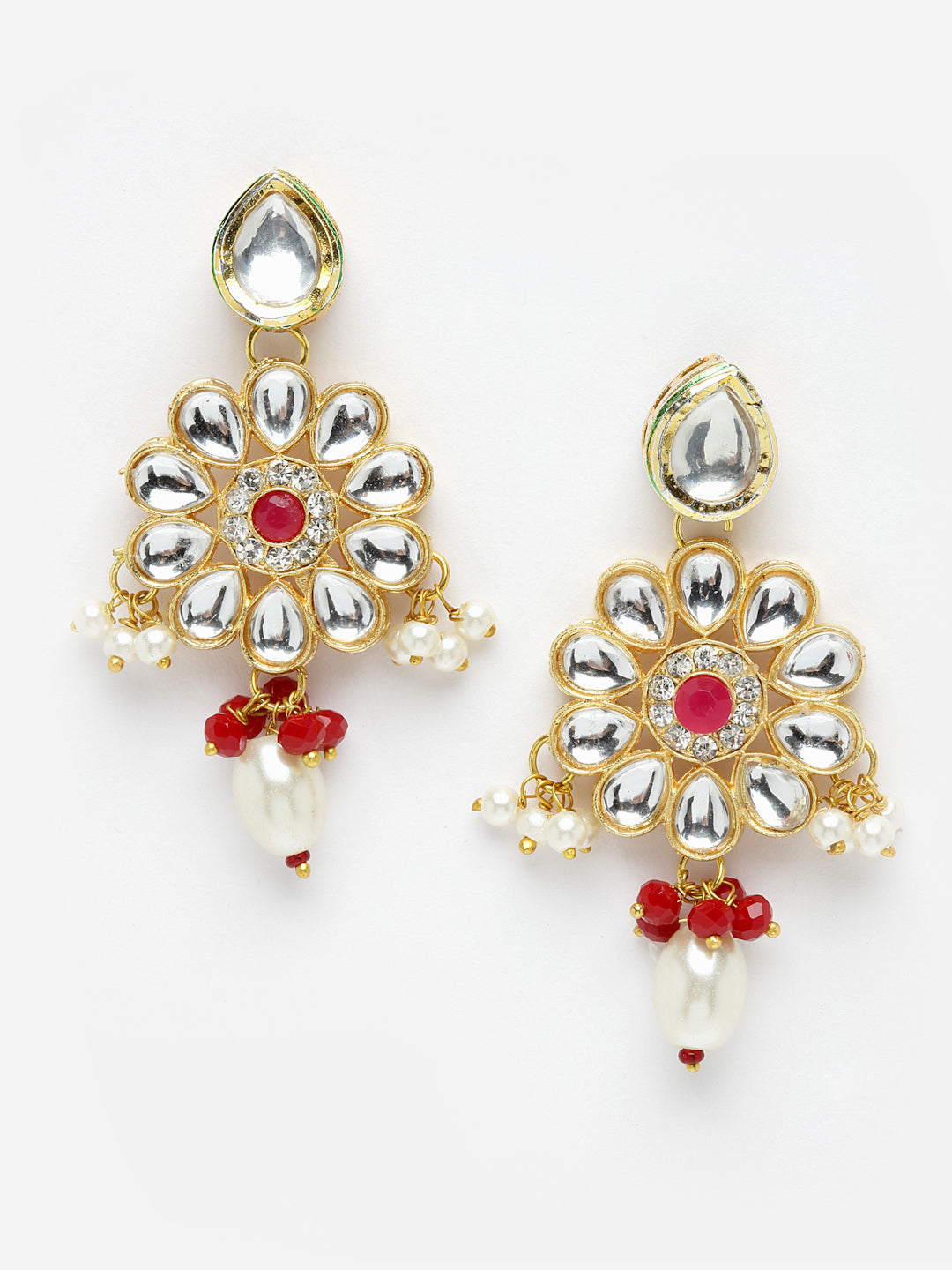 White & Red Gold-Plated Kundan Jewellery Set