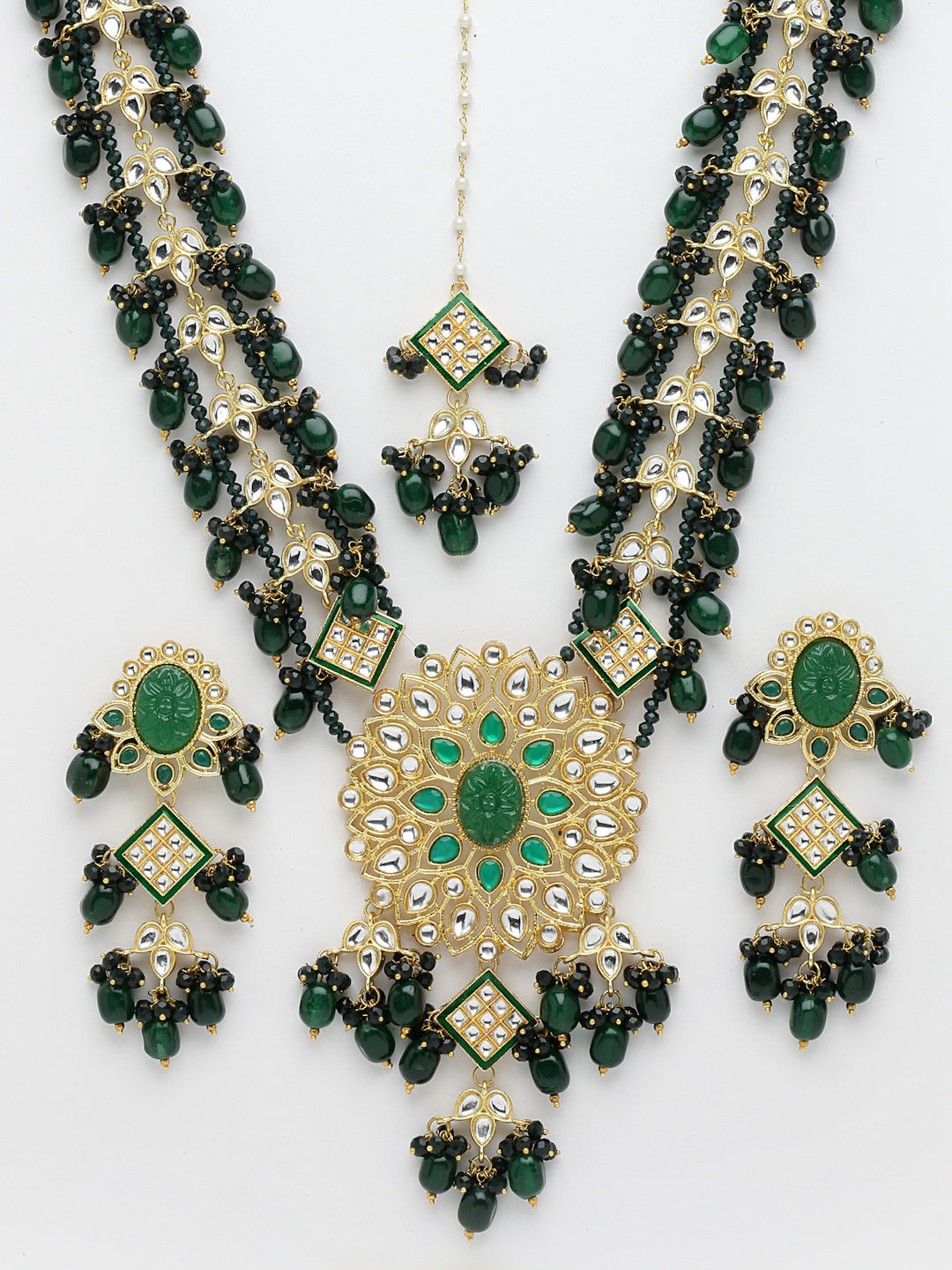 Gold-Plated & Green Kundan Studded & Beaded Jewellery Set