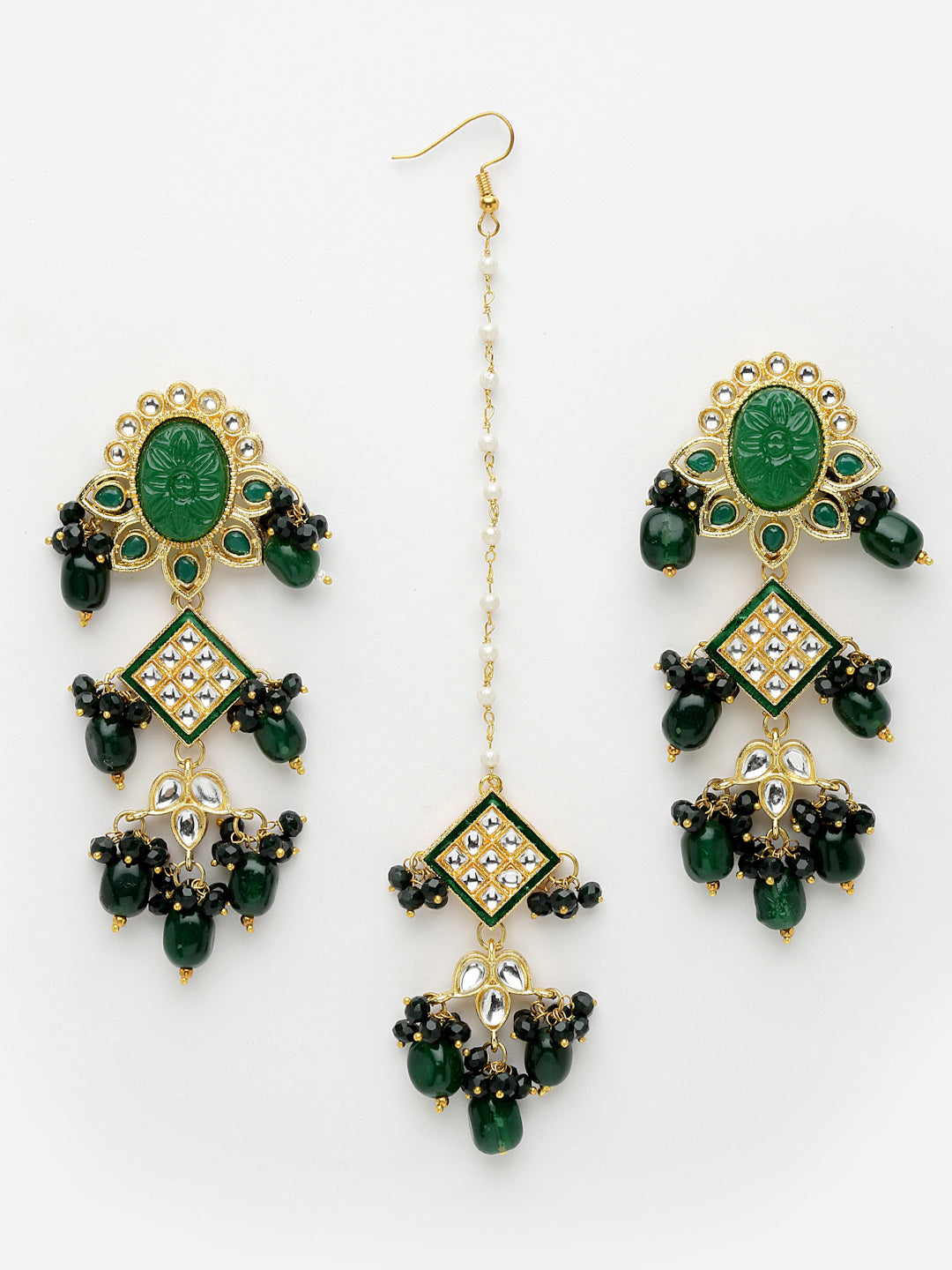 Gold-Plated & Green Kundan Studded & Beaded Jewellery Set