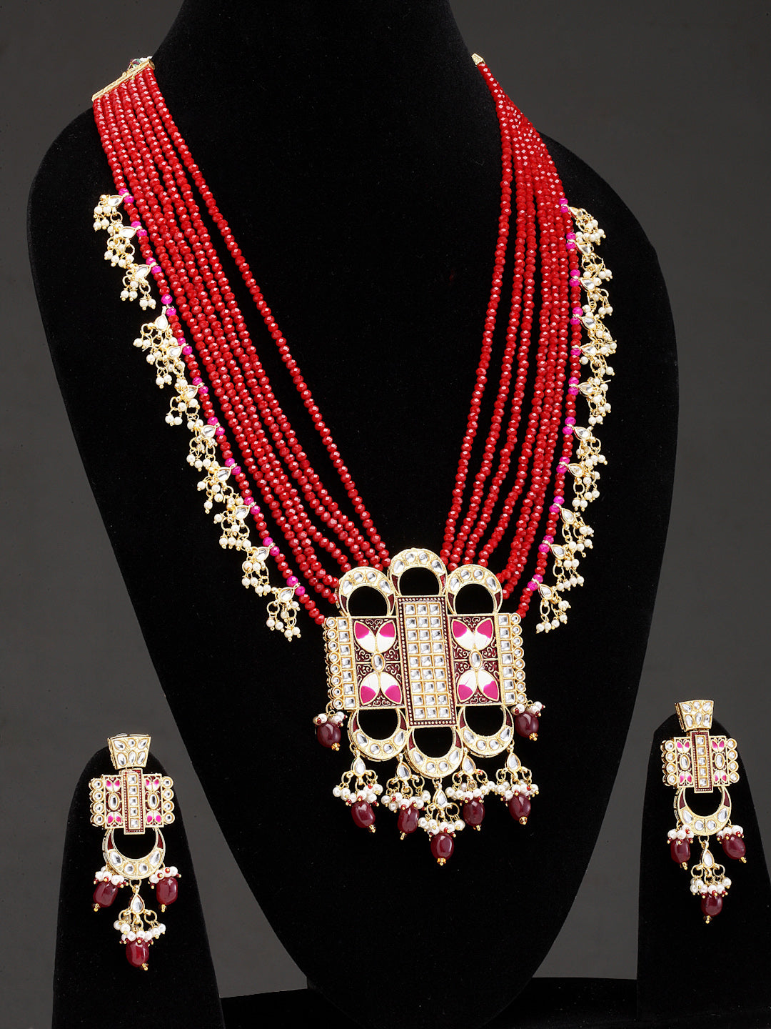 Gold-Plated & Red Kundan & Pearls Beaded Jewellery Set