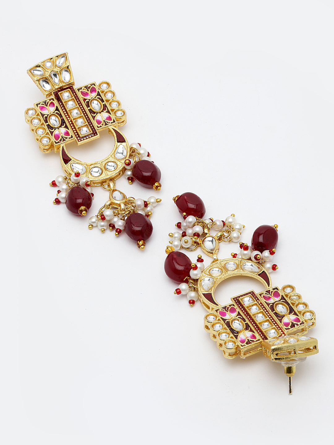 Gold-Plated & Red Kundan & Pearls Beaded Jewellery Set