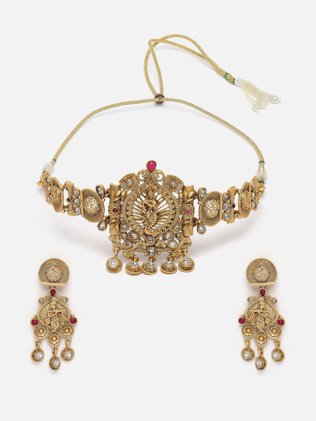 Gold-Plated Kundan & Stone-Studded Temple Choker Jewellery Set