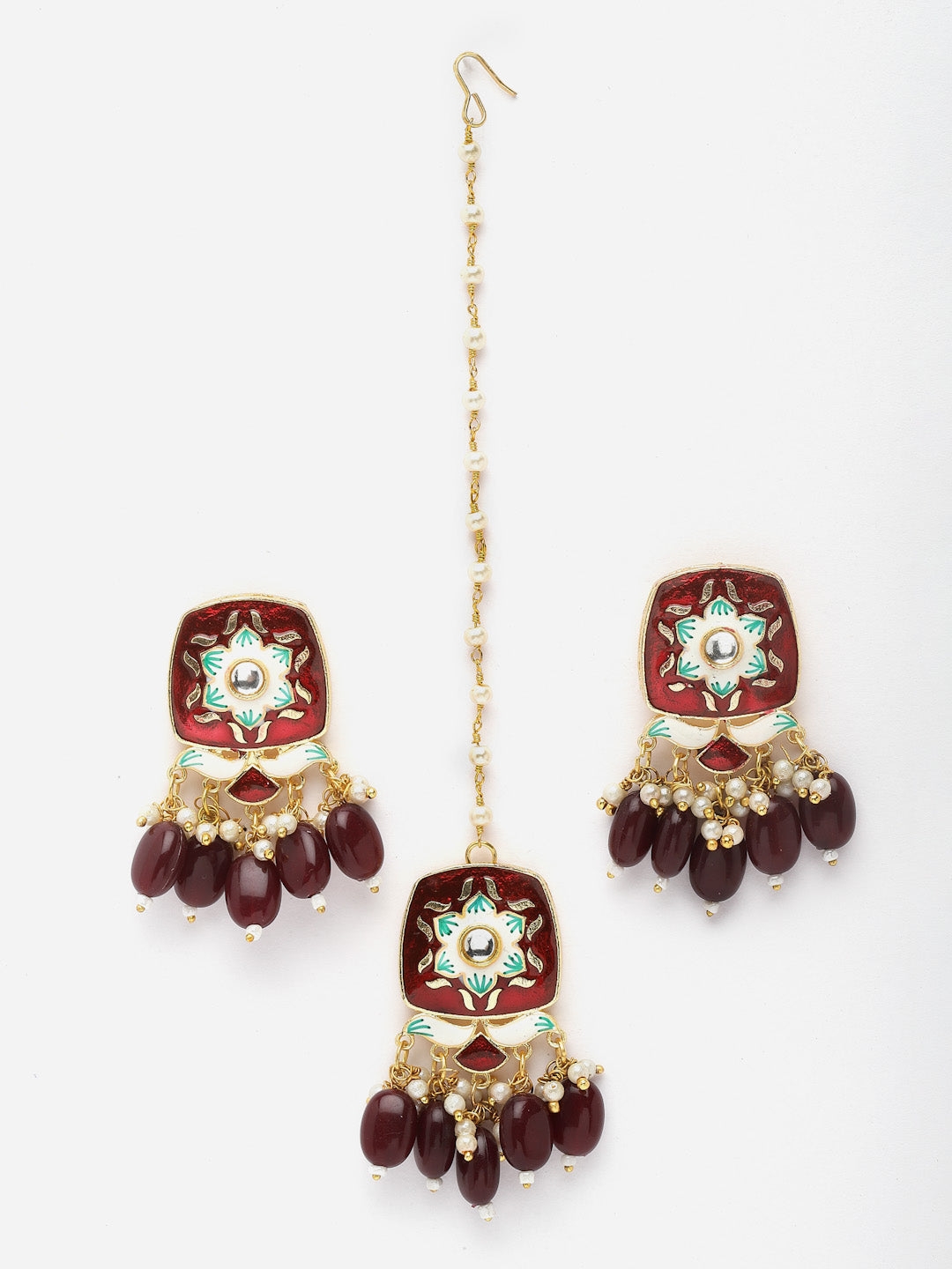 Gold Plated Kundan Studded & Beaded Necklace With Earings and Maang Tika
