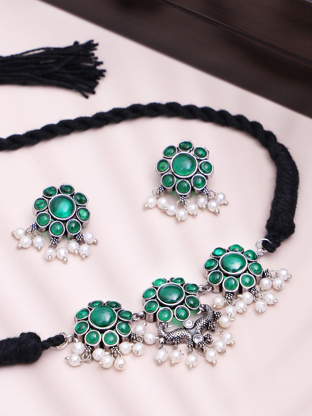 Silver-Plated Stone-Studded Oxidised Jewellery Set
