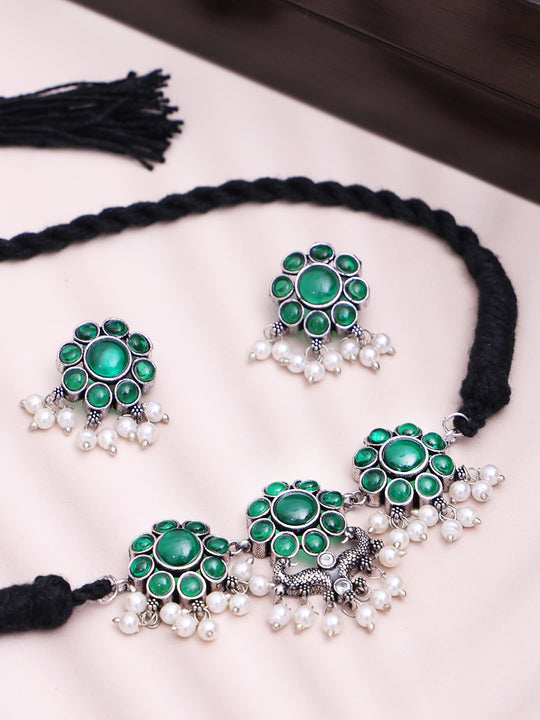 Silver-Plated Stone-Studded Oxidised Jewellery Set
