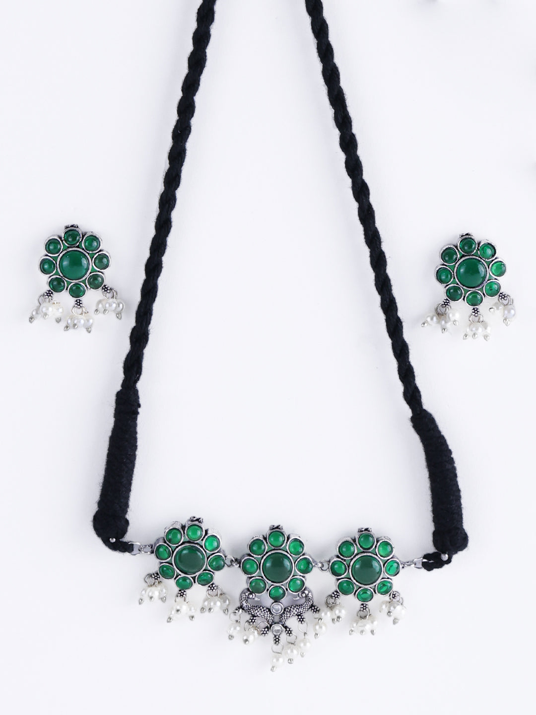 Silver-Plated Stone-Studded Oxidised Jewellery Set
