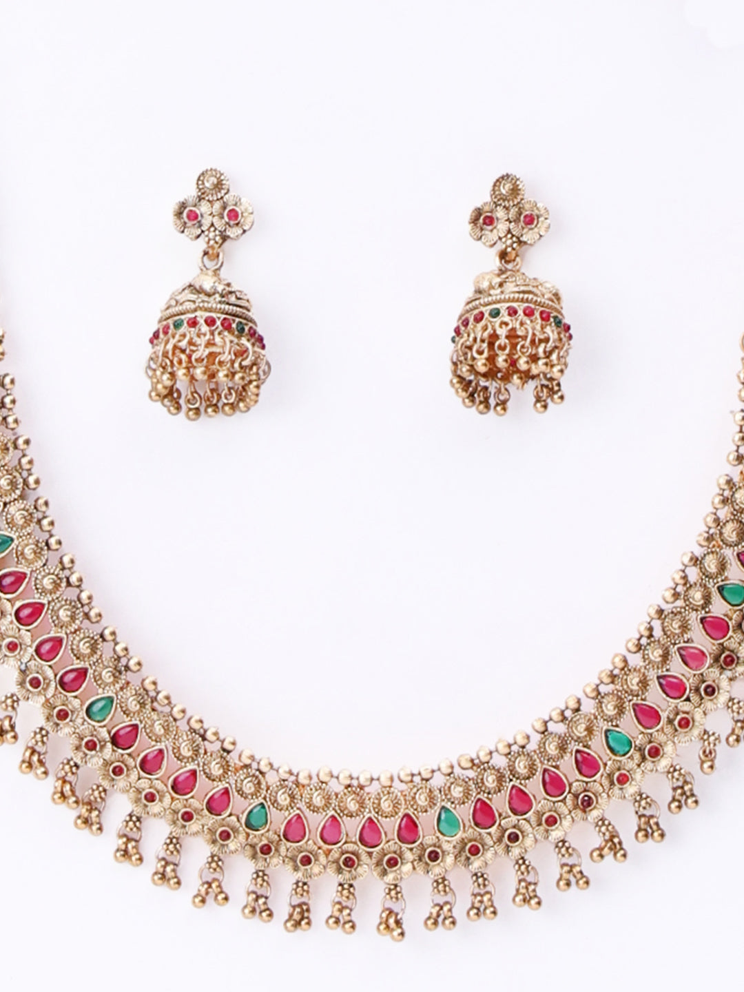 Gold Plated Stones Studded & Beaded Jewellery Set