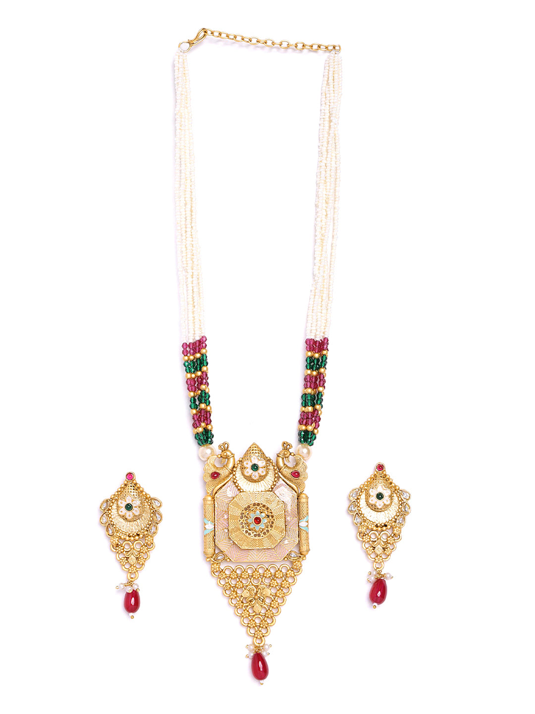 Gold-Plated Stone-Studded & Beaded Jewellery Set