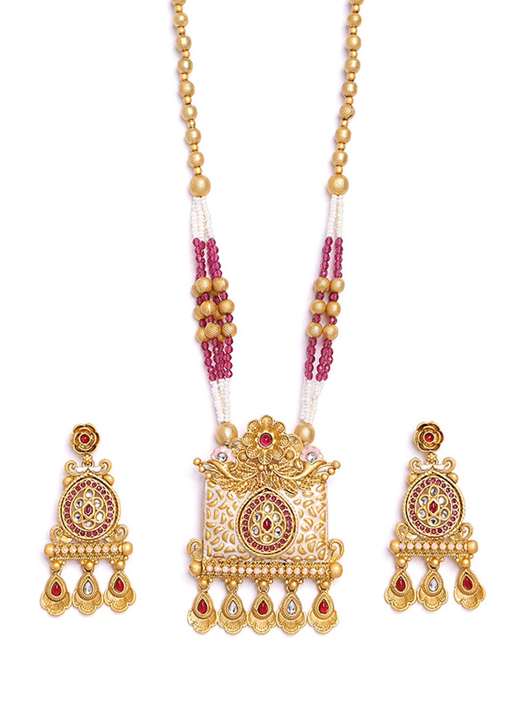 Gold-Plated Kundan-Studded & Beaded Jewellery Set