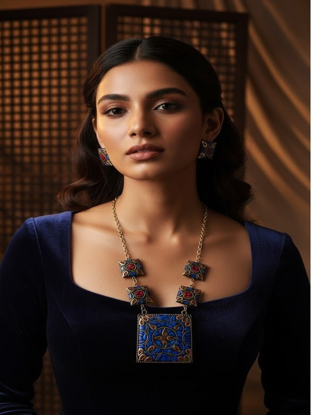 Gold-Plated Artificial Stones Studded Necklace With Earrings