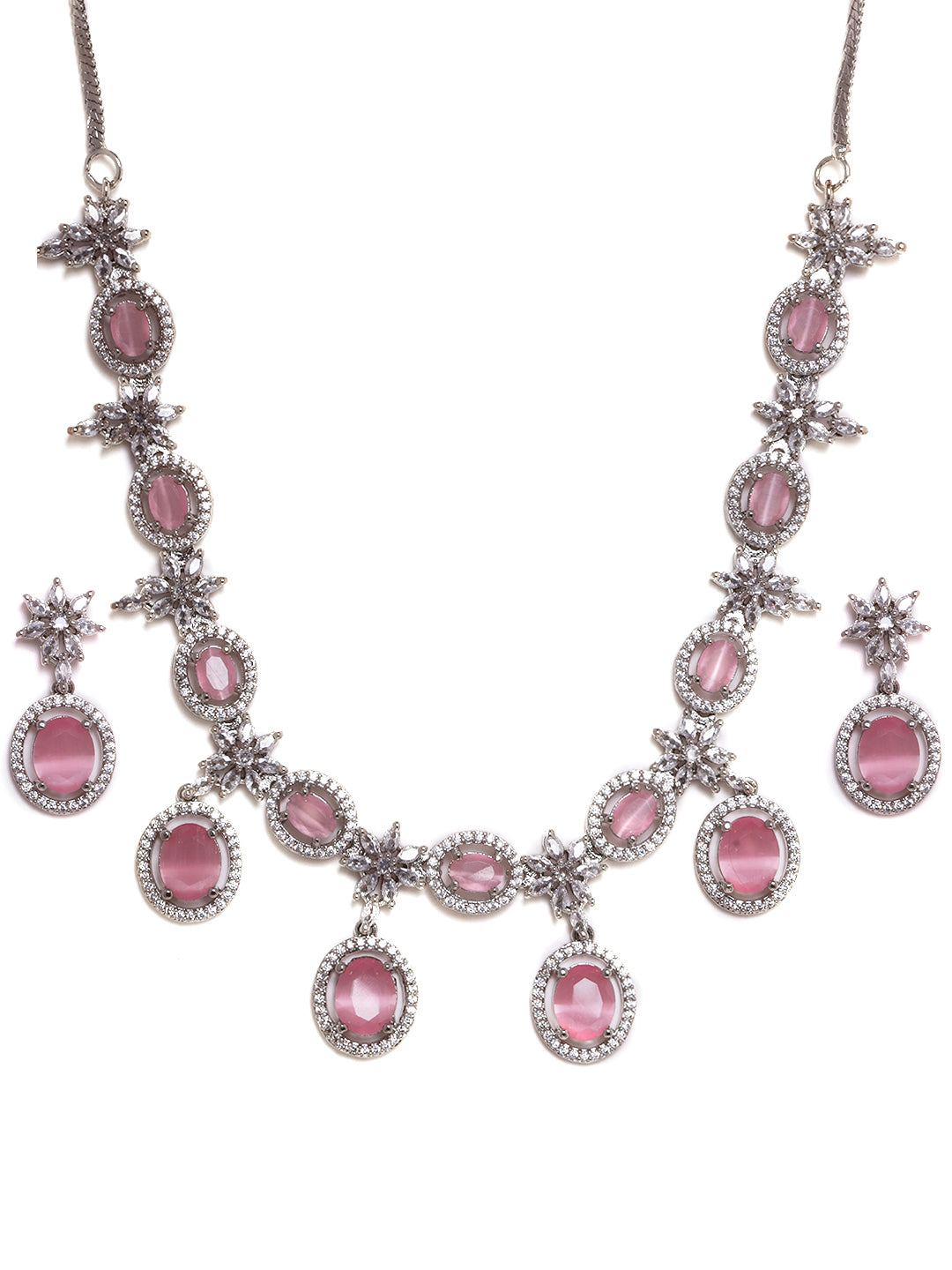 Rhodium Plated Necklace Set With American Diamond & Pink Stone Accents