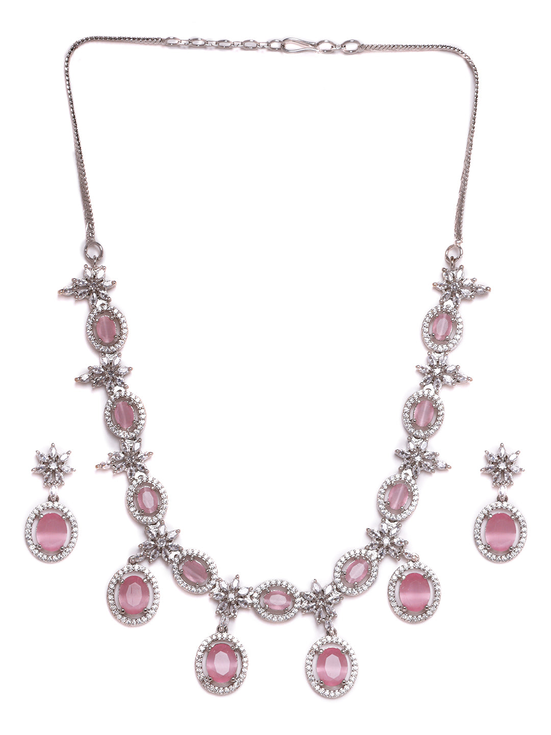 Rhodium Plated Necklace Set With American Diamond & Pink Stone Accents