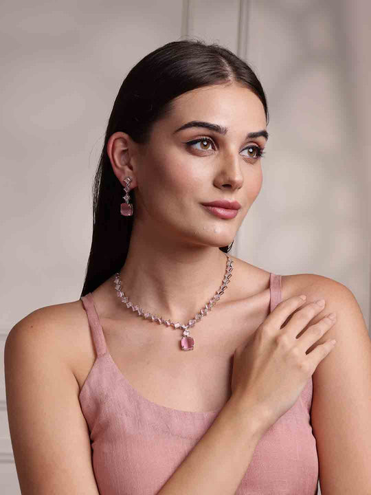 Sliver-Plated Cubic Zirconia Stone-Studded Jewellery Set