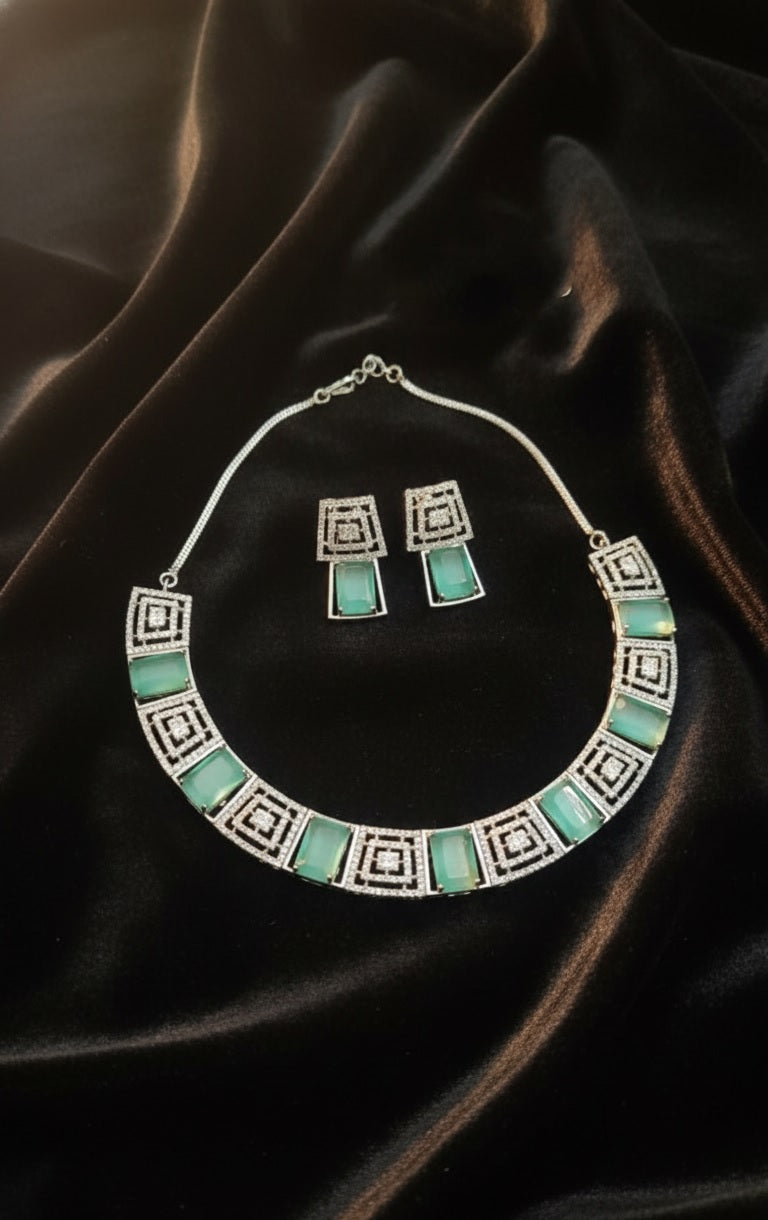 Silver-Plated American Diamond Studded Necklace With Earrings