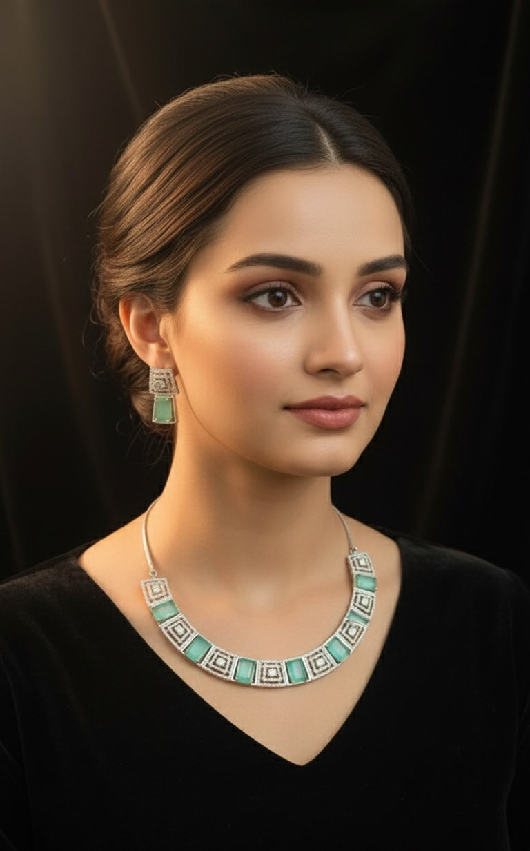 Silver-Plated American Diamond Studded Necklace With Earrings