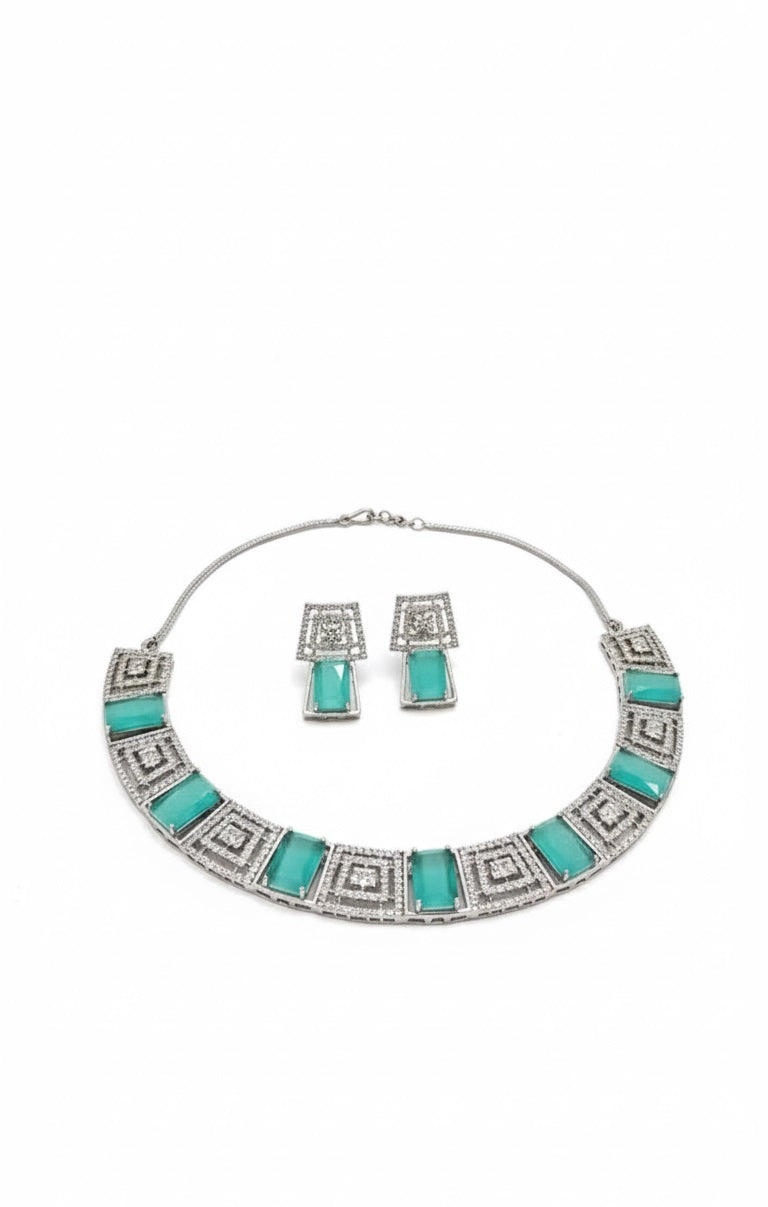 Silver-Plated American Diamond Studded Necklace With Earrings