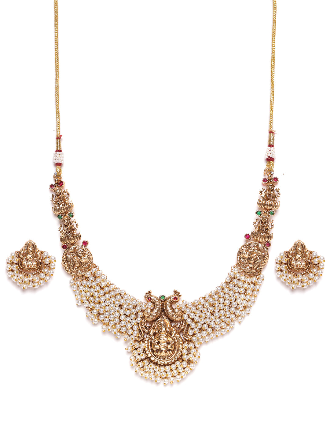 Gold-Plated Stones Studded & Beaded Necklace & Earrings