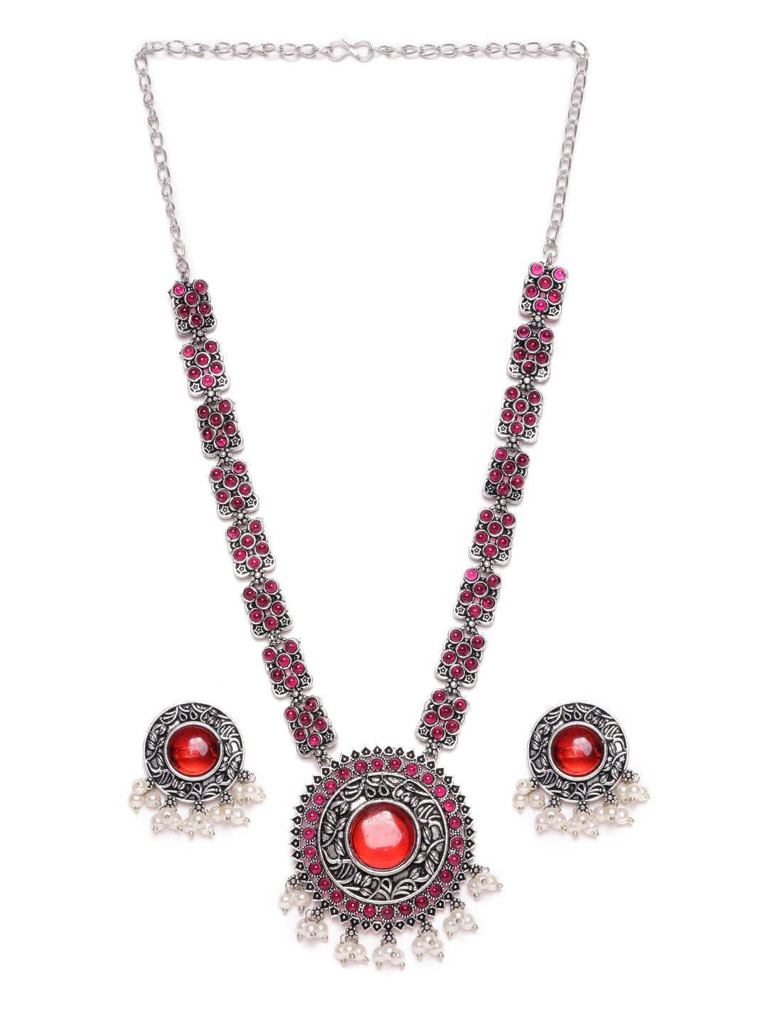 Silver Plated Stone Studded & Beaded Necklace and Earrings