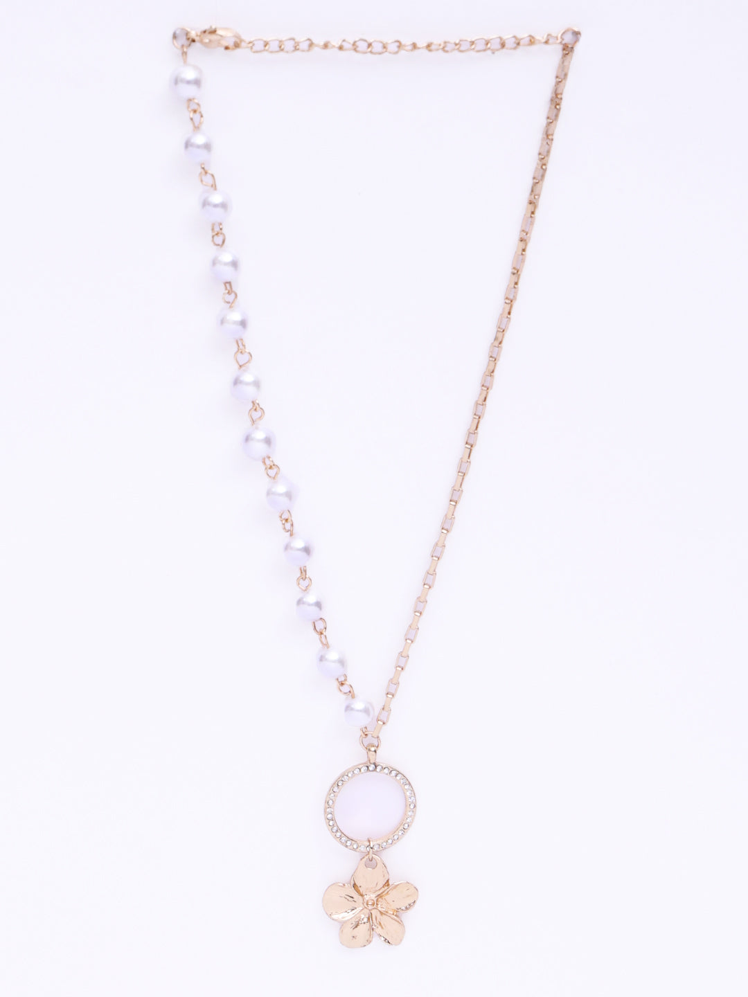 Gold-Plated Floral Shaped With White Beaded Necklace And Chain