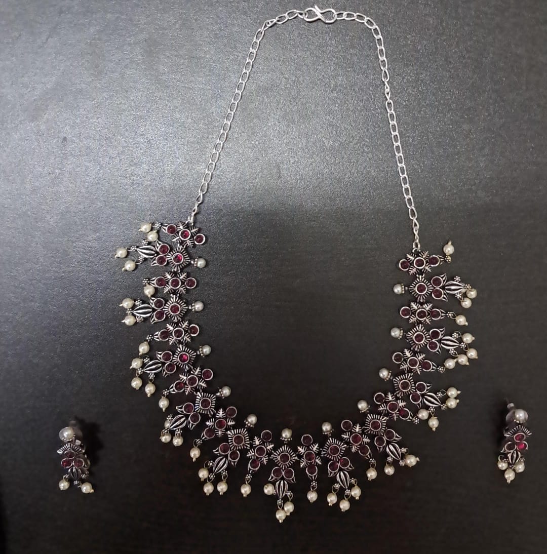 Silver- Plated CZ Stone Studded & Beaded Necklace & Earrings