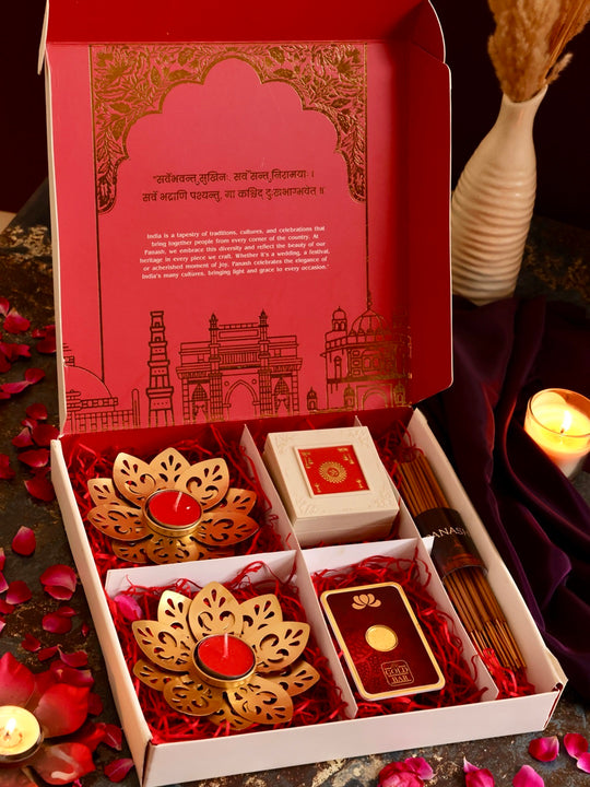 Diwali Gift Hamper with Fine 999 Gold Coin, Luxury Diyas, Incense Sticks, and Charan Paduka