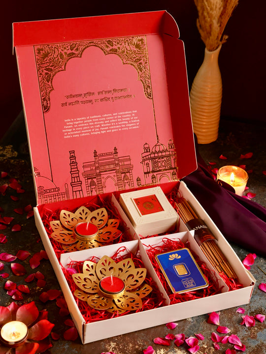 Diwali Gift Hamper with Fine 999 Gold Coin, Luxury Diyas, Incense Sticks, and Charan Paduka