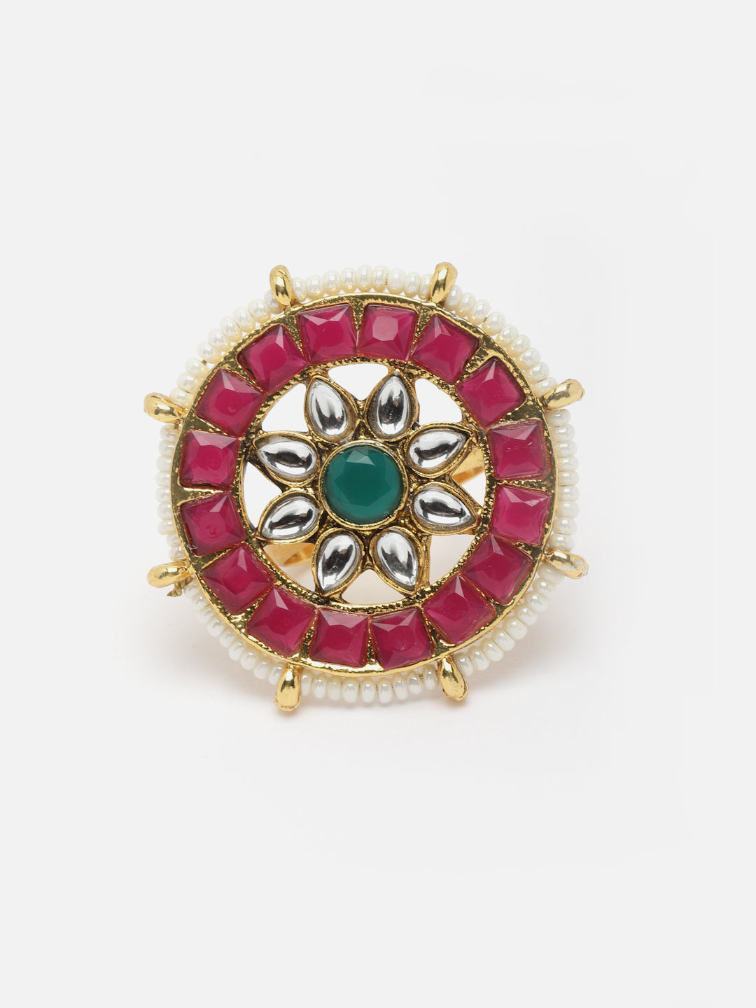 Gold-Plated Kundan-Studded & Pearl Beaded Finger Ring