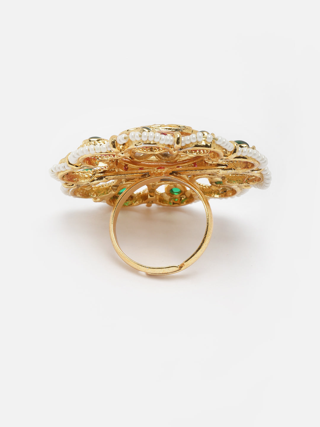 Gold-Plated Stone-Studded & Pearl Beaded Finger Ring