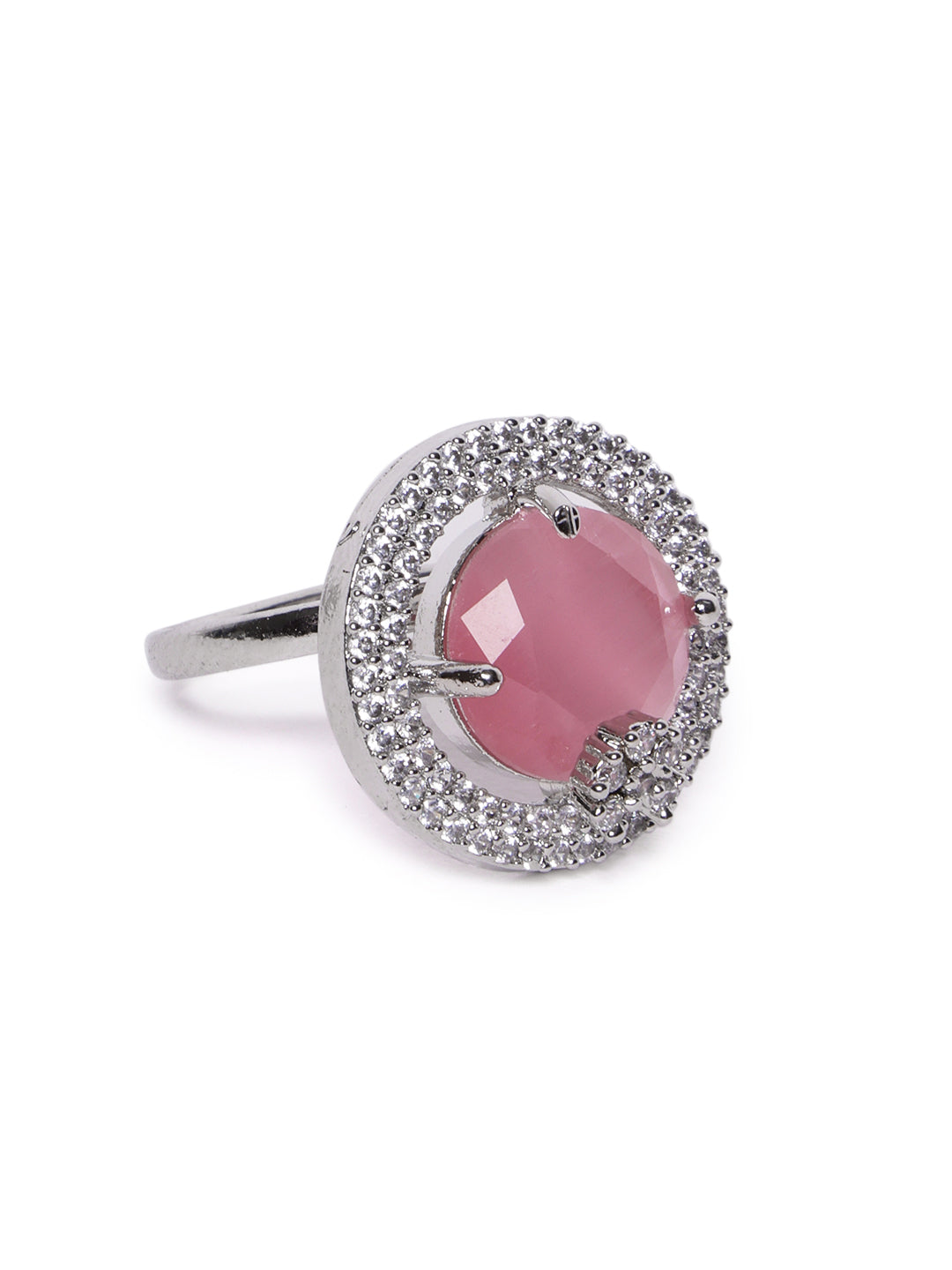 Rhodium Plated American Diamond Ring with Pink Stone Centerpiece