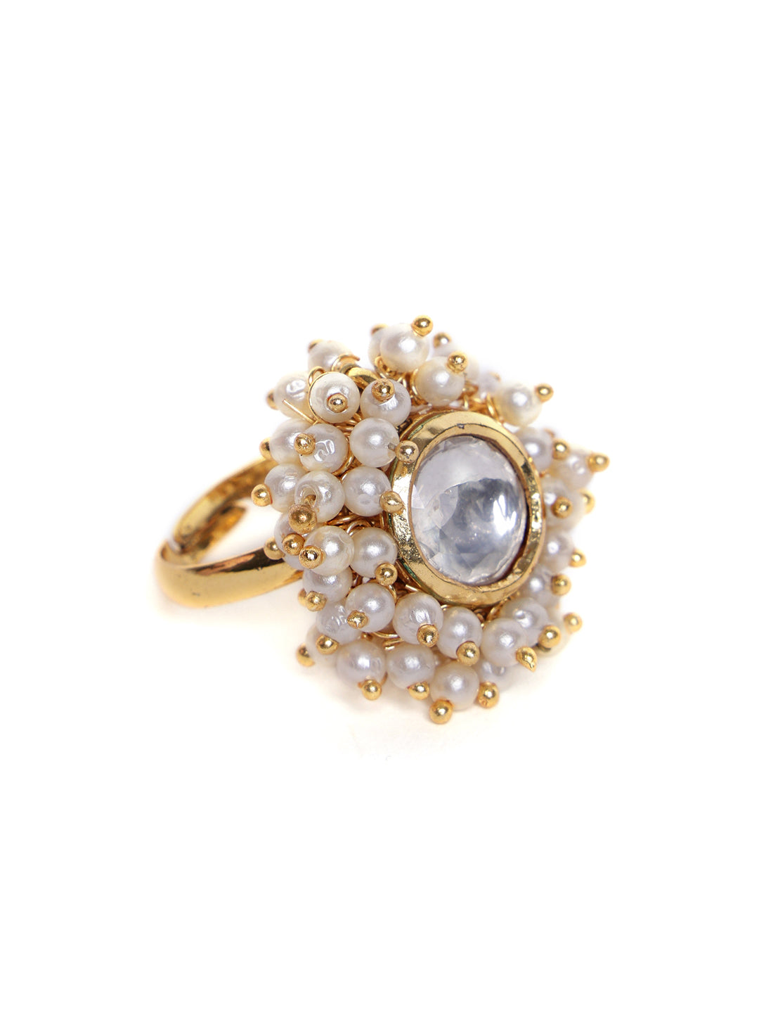 Gold Plated Kundan Studded & Beaded Finger Ring