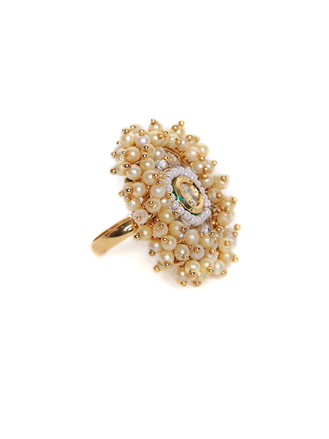 Gold-Plated Kundan Stone-Studded & Beaded Adjustable Finger Ring