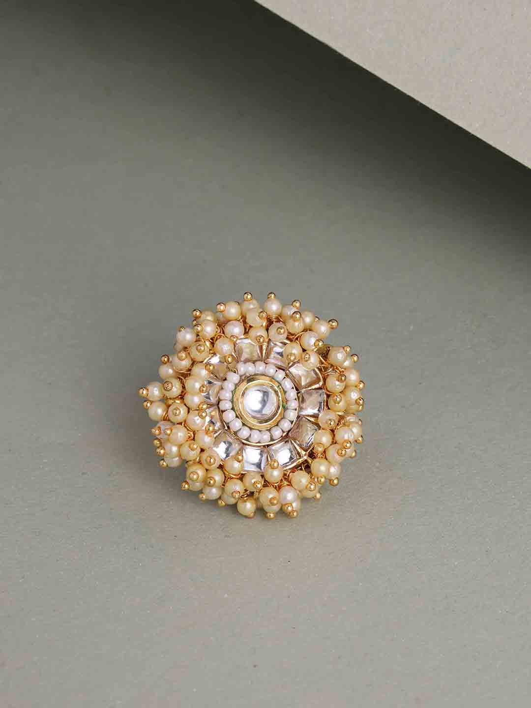 Gold-Plated Kundan Stone-Studded & Beaded Adjustable Finger Ring