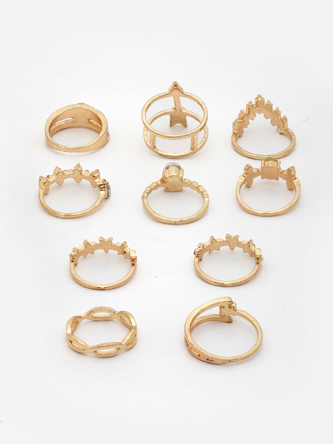 Set Of 10 Gold-Plated AD Stones- Studded Finger Rings