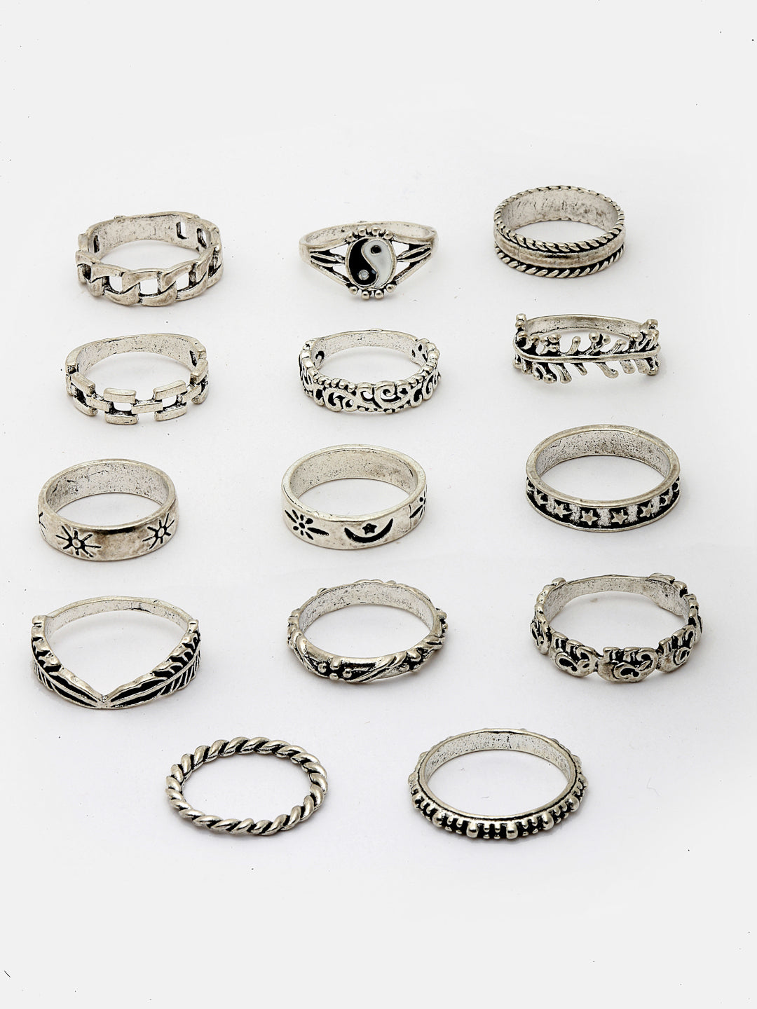 Set Of 14 Silver Plated Oxidised Finger Rings