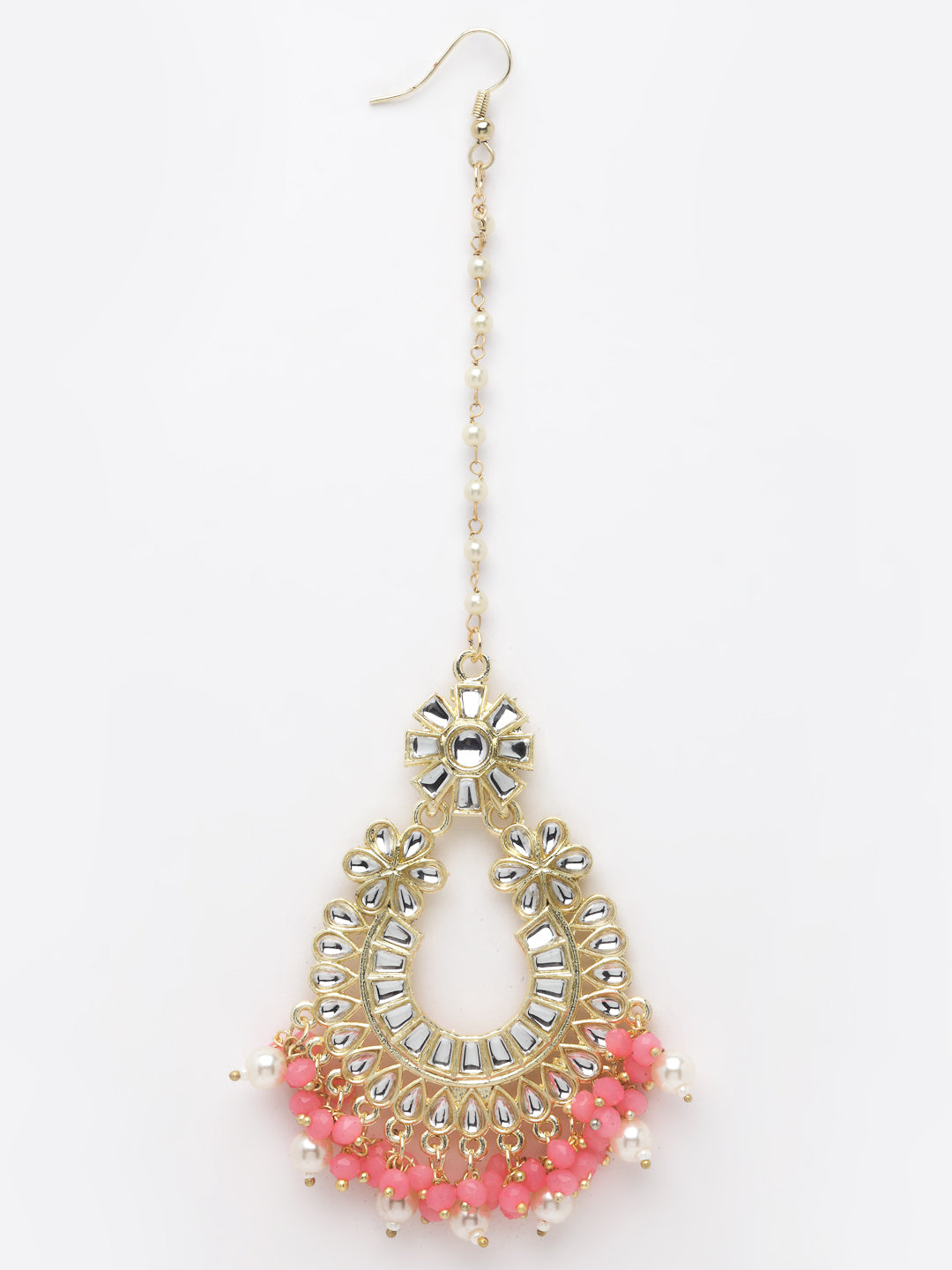 Gold-Plated Pink & White Kundan-Studded & Beaded Jewellery Set