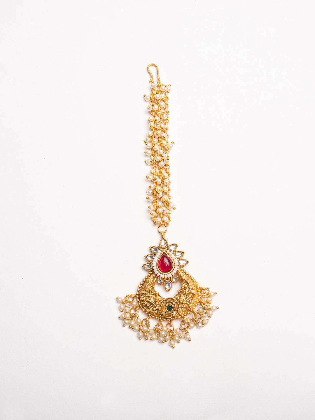 Gold-Plated Kundan Studded & Pearls Beaded Maang Tikka