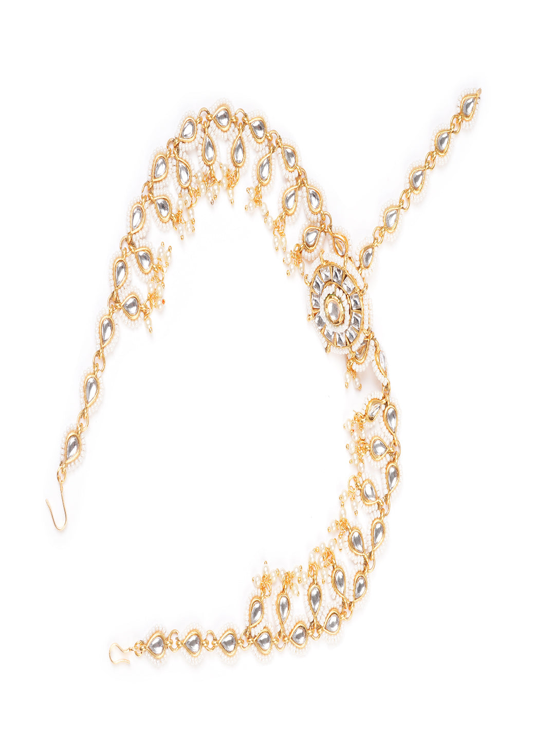 Gold-Plated Kundan Studded & Pearls Beaded Maang Tikka