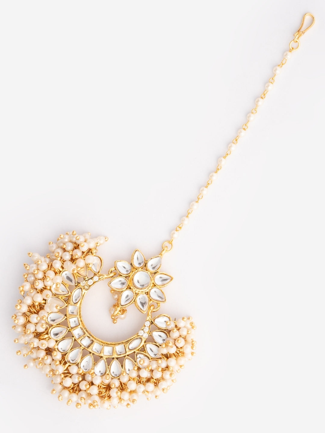 Gold-Plated Kundan Studded & Pearls Beaded Maang Tikka
