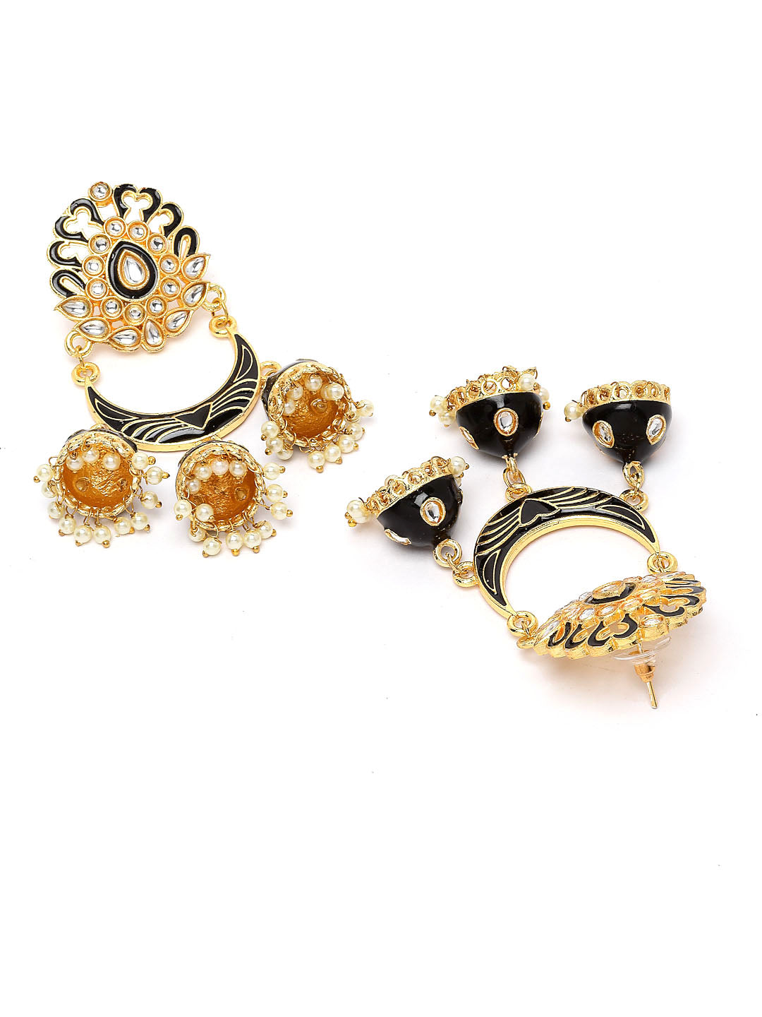 Black & Gold-Plated Crescent Shaped Kundan Jhumkas Earrings
