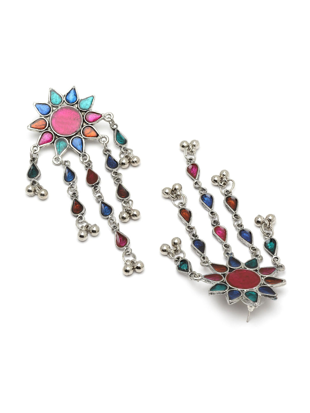 Silver-Toned & Red Star Shaped Drop Earrings